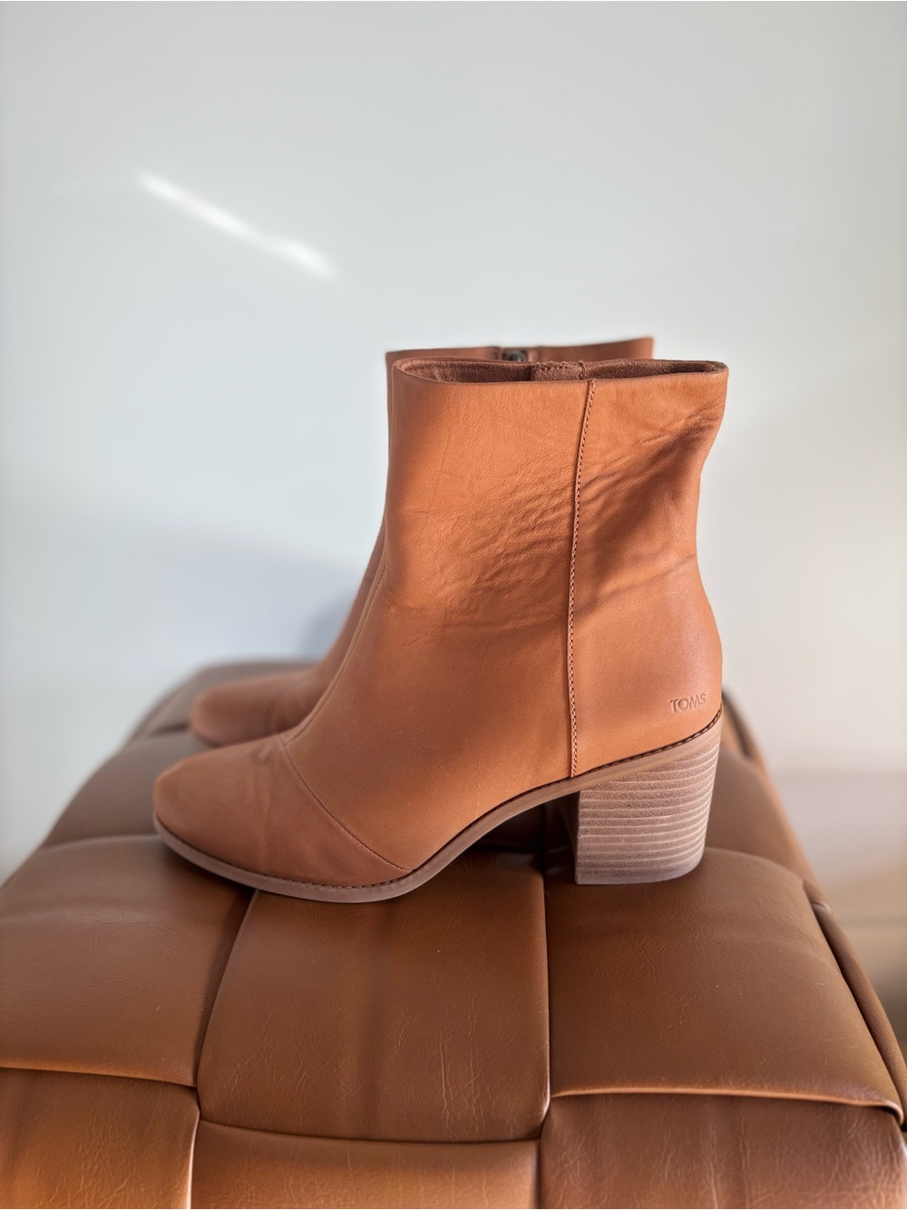 TOMS Tan Leather Stacked Heel Ankle Booties